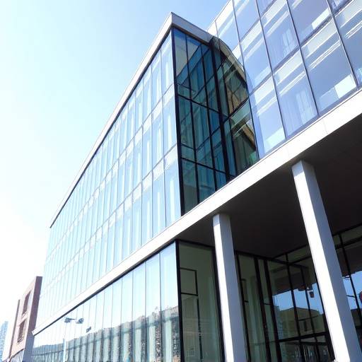 Architectuurfotografie van een modern gebouw met strakke lijnen en glaspartijen, bij helder daglicht.
