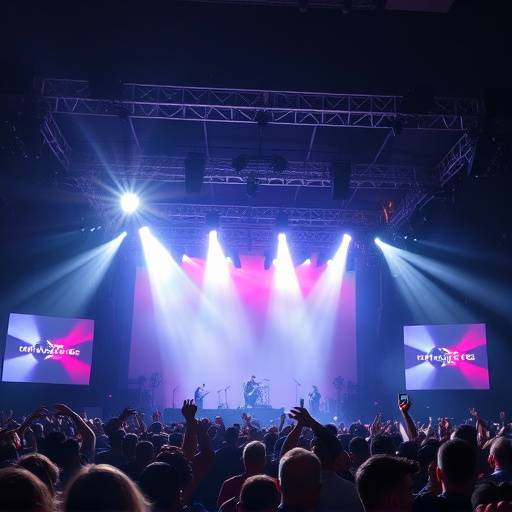 Artiesten op een podium tijdens een concert, met felle podiumverlichting en een enthousiast publiek.