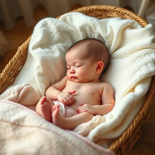 Baby die vredig slaapt in een mandje met zachte dekentjes
