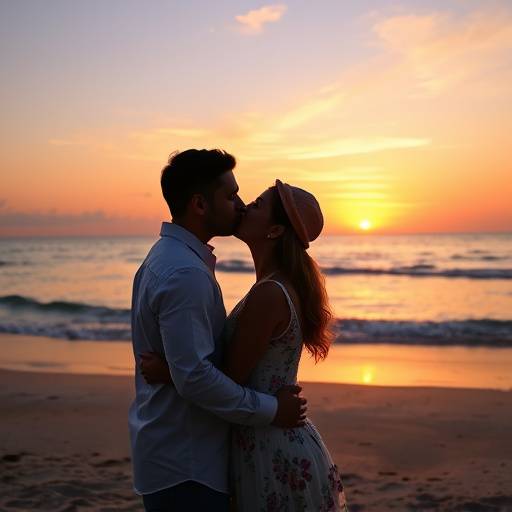 Bruidspaar dat elkaar kust tijdens een zonsondergang op een strand