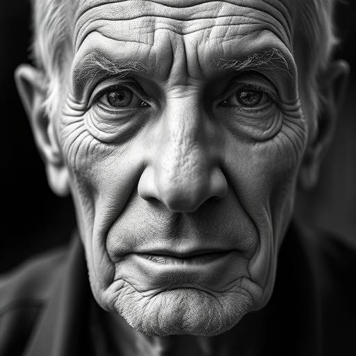 Een artistieke zwart-wit portretfoto van een oudere man met diepe lijnen in zijn gezicht.