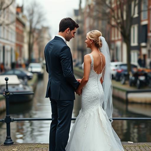 Een bruidspaar dat elkaar de hand geeft met de Amsterdamse grachten op de achtergrond.