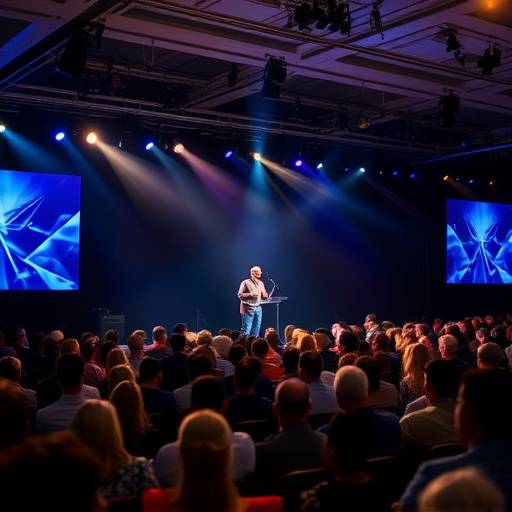 Een dynamische opname van een spreker op een podium tijdens een conferentie, met interactie uit het publiek.