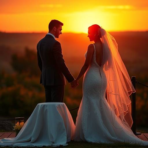 Een intieme foto van een bruid en bruidegom die elkaars hand vasthouden tijdens zonsondergang.