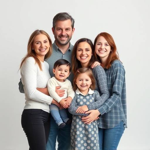 Een professionele fotograaf die een gezin fotografeert in een studio setting, met zachte belichting en lachende gezichten.