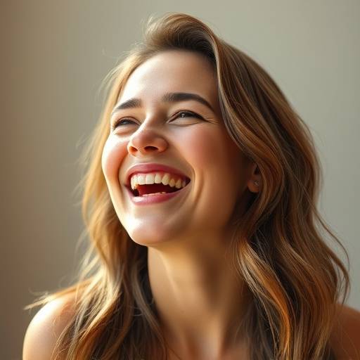 Een serene portretfoto van een vrouw die lacht in natuurlijk licht.