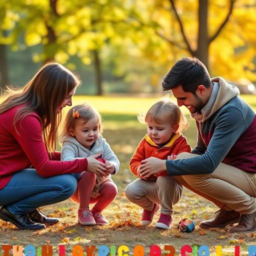 Een warme gezinsfoto van ouders die met hun kinderen spelen in een park.