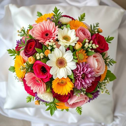 Foto van een bruidsboeket met diverse bloemen, liggend op een satijnen kussen.