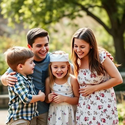 Gezinsfoto in een natuurlijke buitenomgeving, met lachende ouders en kinderen die interactie hebben met elkaar.