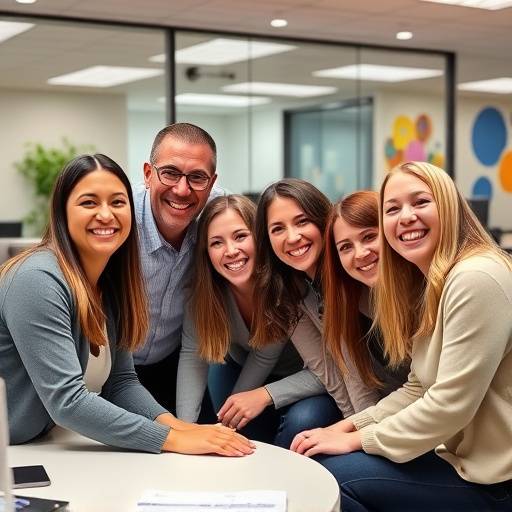 Groepsfoto van een team van medewerkers die lachend in een kantooromgeving staan