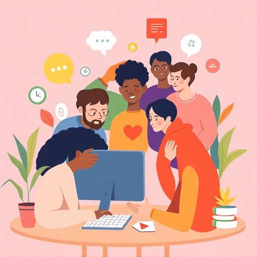 Illustratie van diverse mensen die samenwerken rondom een computer, symbool voor digitale inclusie.