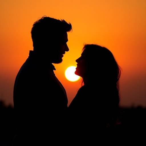 Intiem portret van een koppel bij zonsondergang, silhouetten tegen een oranje hemel.