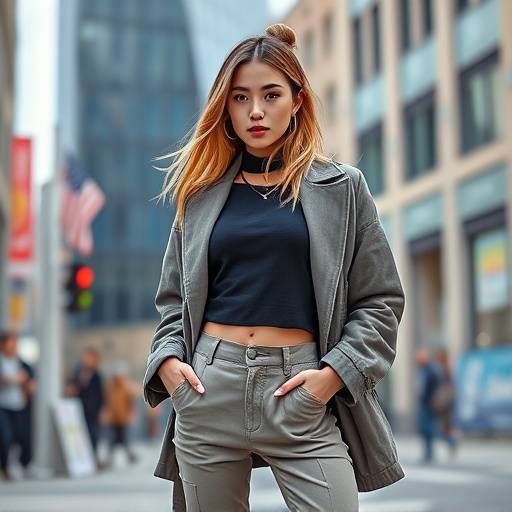 Modell die poseert met modieuze kleding in een stedelijke omgeving