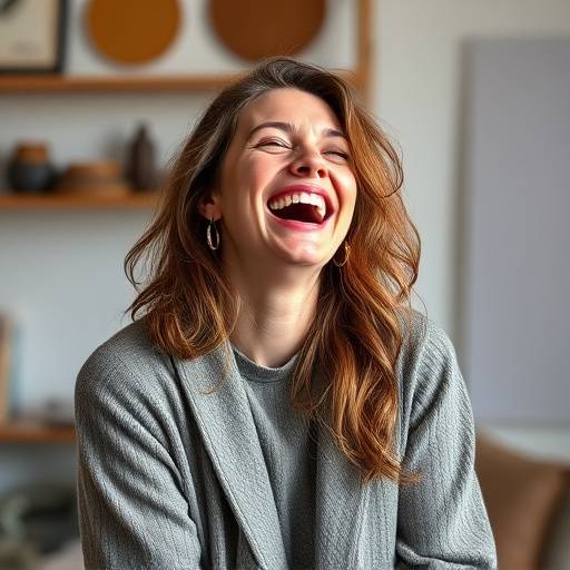 Portret van Elara Vermeer, oprichter en hoofd-fotograaf bij Studio Luminositeit, lachend in een studio-omgeving.