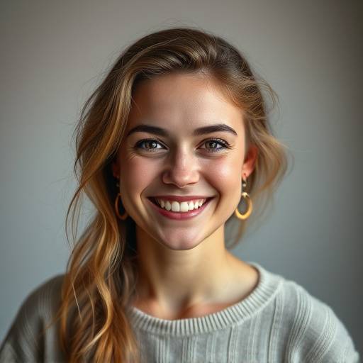 Portret van Sofia Jansen, een getalenteerde fotograaf gespecialiseerd in portretfotografie bij Studio Luminositeit, met een warme glimlach.