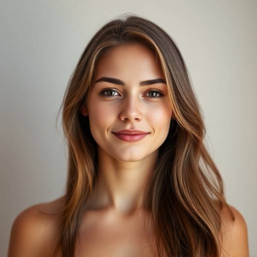 Studio portret van een jonge vrouw met zachte belichting, haar blik is zelfverzekerd en straalt warmte uit.